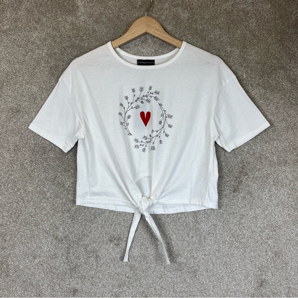 Wednesday’s Girl Shirt Womens Small White Short Sleeve Cotton Tie NEW- 3123*